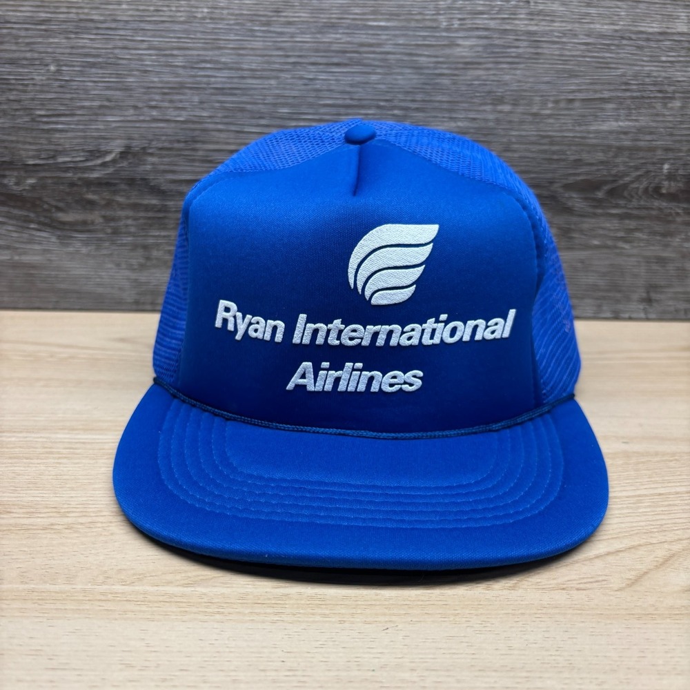 Vintage Ryan International Airlines Hat Cap Snap Back Blue Trucker Logo Promo